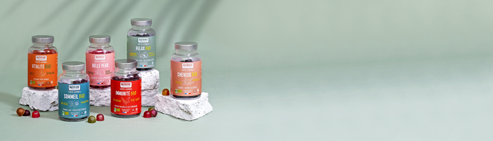 présentation des complément alimentaire gummies de Nutrivie - formule à base d'ingrédients naturelles et Bio