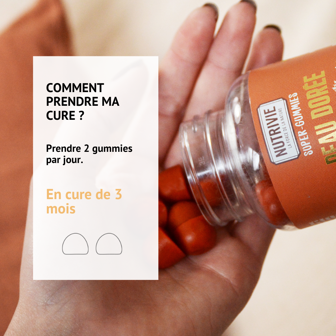Posologie et cure des gummies peau dorée Nutrivie