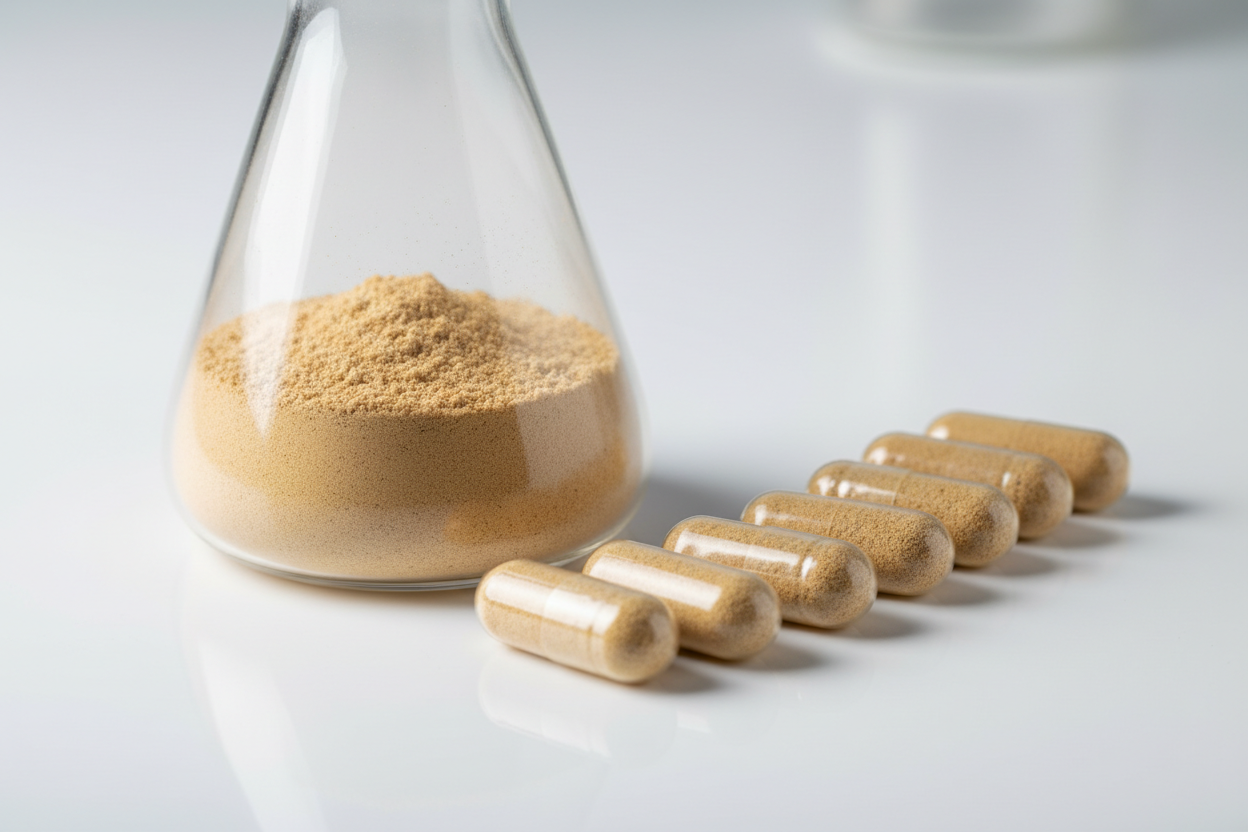 peux-tu montrer un erlenmeyer avec de la poudre dedans et des gélules translucides avec de la poudre de la même couleur à coté